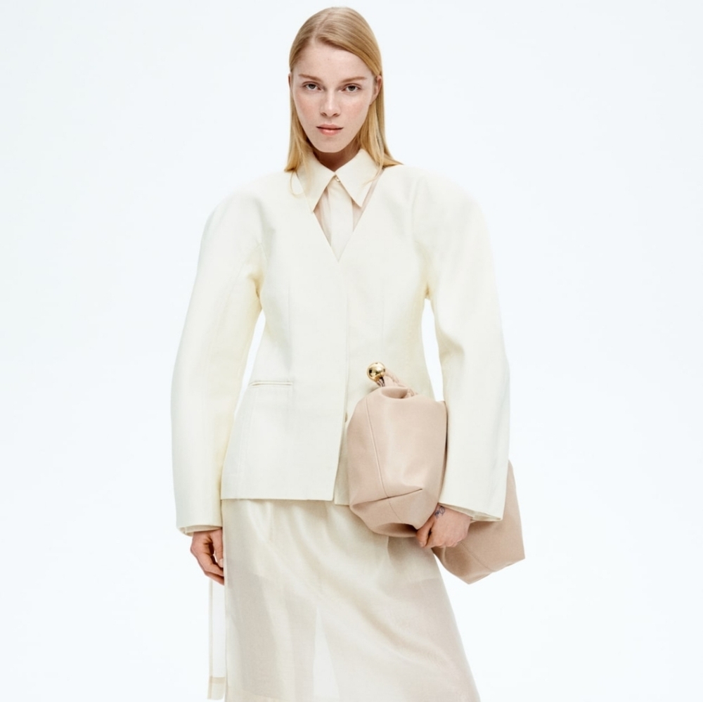 H&M Cream Women's Twill Collarless Blazer Jacket